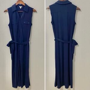 Talbots Dress Womens Size MP Navy Maxi Sleeveless V-neck Button Down Belted